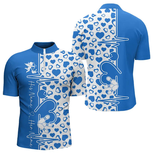 Blue Bowling Heartbeat Pulse Line Custom Valentines Day Bowling Quarter-Zip Shirts For Men IPHW8333