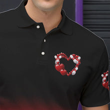 Load image into Gallery viewer, Black And Red Custom Valentines Day Bowling Polo Shirts For Men, Bowling Couple Shirt IPHW8334
