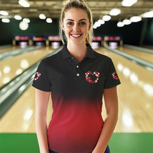 Load image into Gallery viewer, Black And Red Custom Valentines Day Bowling Polo Shirts For Women, Bowling Couple Shirt IPHW8334