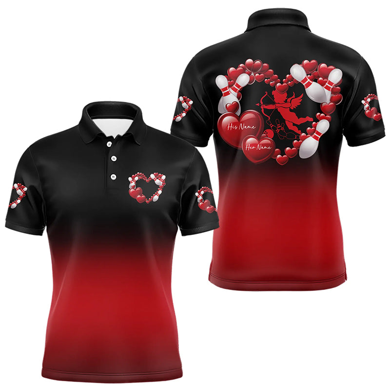 Black And Red Custom Valentines Day Bowling Polo Shirts For Men, Bowling Couple Shirt IPHW8334
