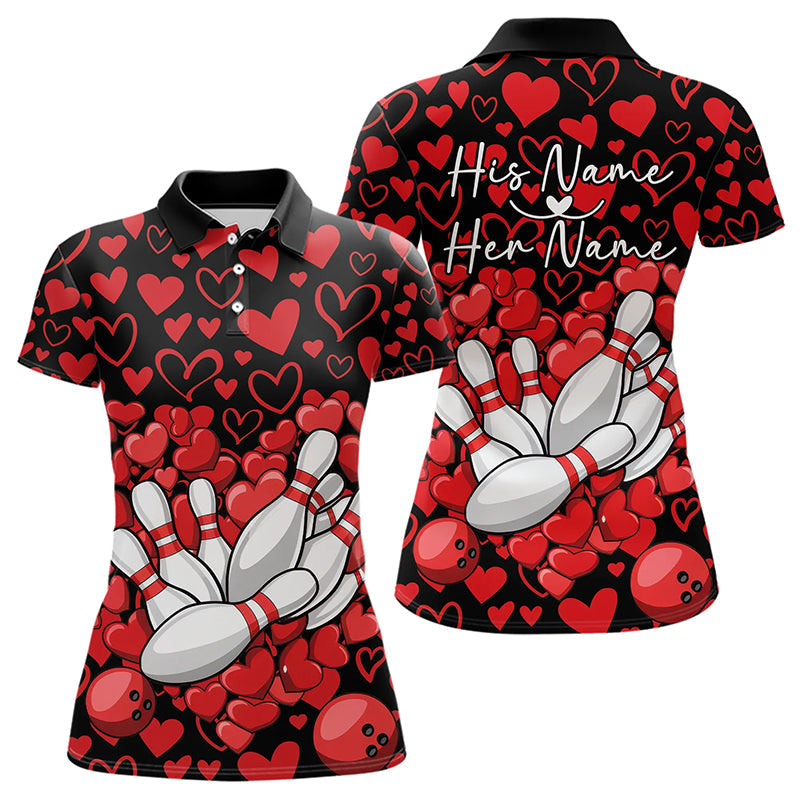 Black And Red Heart Custom Valentines Bowling Polo Shirt For Women, Couple Bowling Shirt IPHW8336