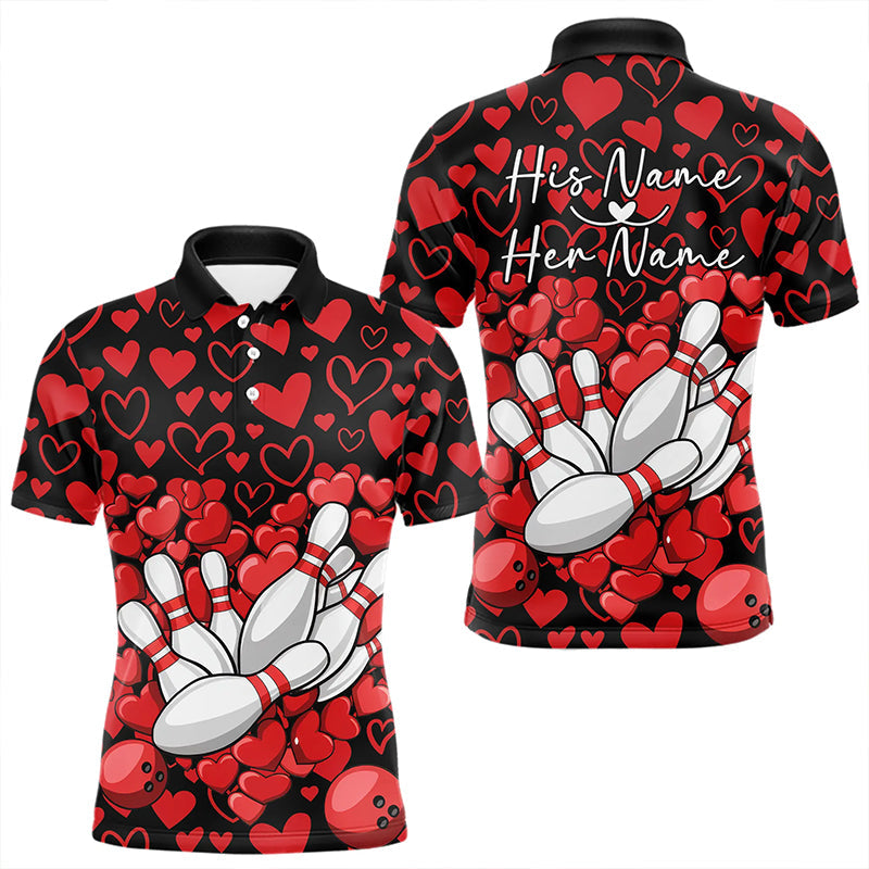 Black And Red Heart Theme Custom Valentines Bowling Polo Shirt For Men, Couple Bowling Shirt IPHW8336