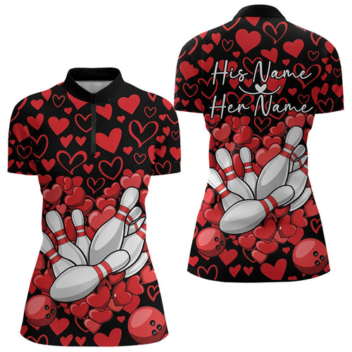 Black And Red Heart Custom Valentines Couple Bowling Quarter-Zip Shirt For Women IPHW8336