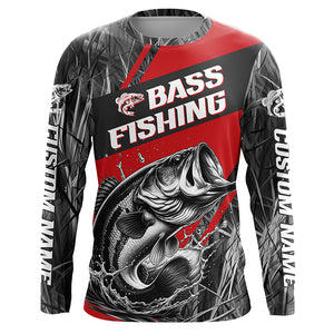 Black And Red Camo Bass Long Sleeve Tournament Fishing Shirts, Custom Bass Fishing Jerseys IPHW6315