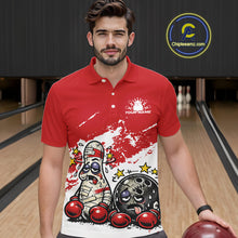 Load image into Gallery viewer, Male model in a bowling lane wearing a red and white polo shirt, humorous boxing bowling strike artwork with playful cartoon fight design.