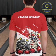 Load image into Gallery viewer, Back view of a male bowler wearing a red and white polo shirt, boxing-style bowling ball and pin illustration with beaten-up character theme.