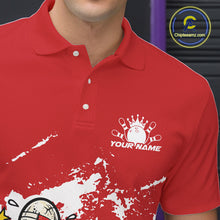 Load image into Gallery viewer, Close-up view of left chest area of a red and white polo shirt, showing small boxing bowling ball and pin graphic detail.