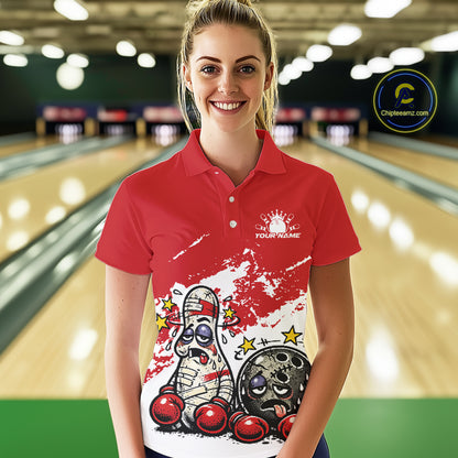 Female model in a bowling lane wearing a red and white polo shirt, humorous boxing bowling ball and pin artwork with energetic cartoon fight-style illustration.