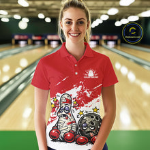 Load image into Gallery viewer, Female model in a bowling lane wearing a red and white polo shirt, humorous boxing bowling ball and pin artwork with energetic cartoon fight-style illustration.