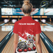 Load image into Gallery viewer, Back view of a female bowler wearing a red and white polo shirt, boxing-style bowling ball and pin design showing playful beaten-up fighter concept.