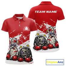 Load image into Gallery viewer, Front and back view of a women’s polo shirt mockup in red and white, featuring cartoon boxing-style bowling ball and pin illustrated as beaten-up boxers in playful sports design.