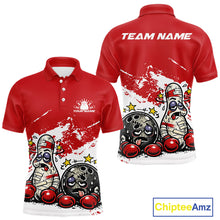 Load image into Gallery viewer, Front and back view of a men’s polo shirt mockup in red and white, featuring cartoon boxing-style bowling ball and pin illustrated as beaten-up boxers.