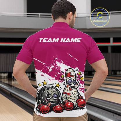 Male model in a bowling lane wearing a pink and white quarter-zip shirt, cartoon boxing bowling strike illustration with energetic style.