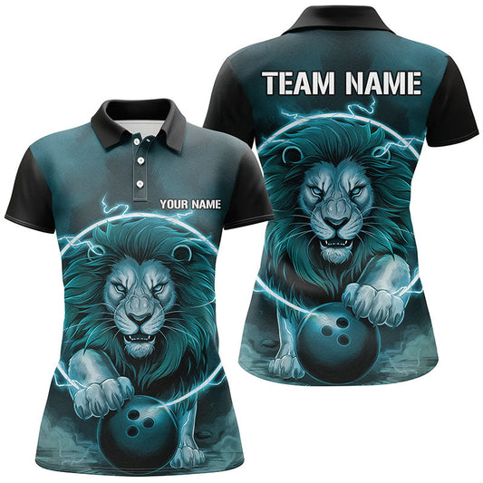 Custom Lion Bowling Polo Shirts For Women, Ladies Bowling Shirts Bowling Uniform | Blue IPHW6774