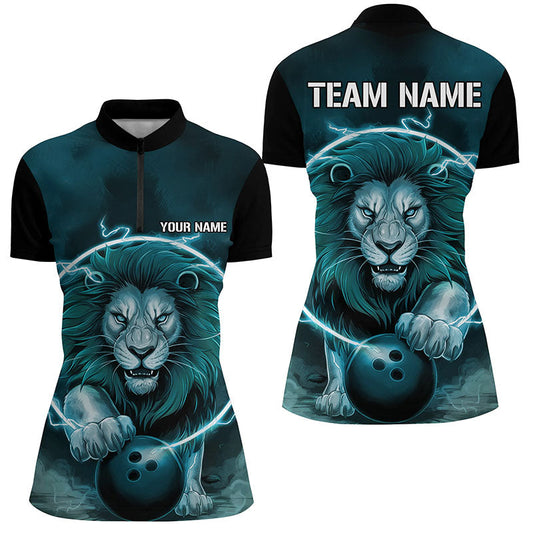 Custom Lion Bowling Quarter Zip Shirts For Women, Ladies Bowling Shirts Uniform | Blue IPHW6774