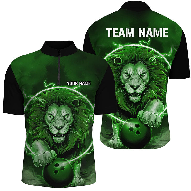 Custom Lion Bowling Quarter Zip Shirts For Men, Personalized Bowling Shirts Bowling Uniform | Green IPHW6775