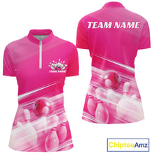 Load image into Gallery viewer, Front and back pink women’s bowling quarter zip mockup with bowling ball and pins blended into a pink geometric pattern background.