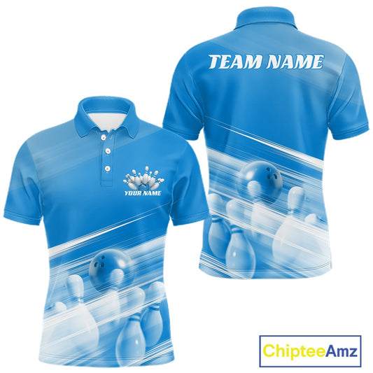 Front and back blue men’s bowling polo shirt mockup featuring bowling ball and pins artwork blended into a pink geometric background.