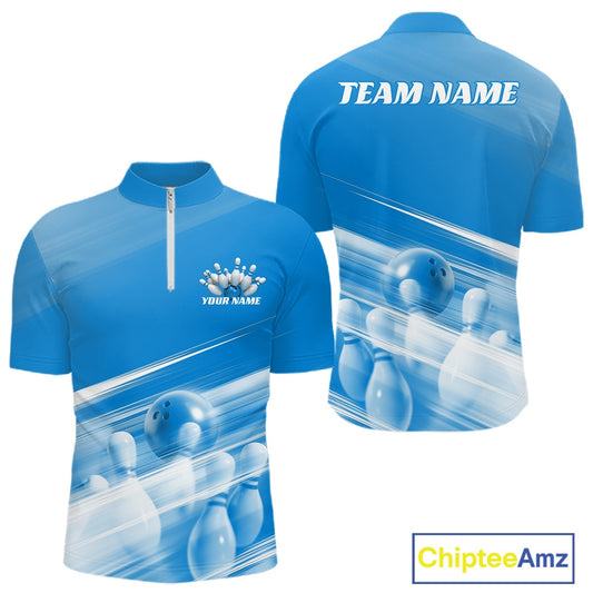 Front and back blue men’s bowling quarter zip shirt mockup with bowling ball and pins artwork blended into a pink geometric background.