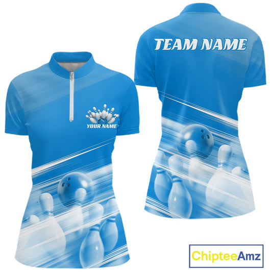 Front and back blue women’s bowling quarter zip mockup featuring bowling ball and pins artwork blended into a pink geometric pattern.