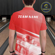 Load image into Gallery viewer, Back view of a male model in a bowling lane wearing a red polo shirt with bowling ball and pins over a pink geometric background.