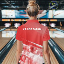 Load image into Gallery viewer, Back view female model in a bowling lane wearing a red polo shirt with bowling ball and pins over a pink geometric background.