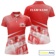 Load image into Gallery viewer, Front and back red women’s polo shirt mockup featuring bowling ball and pins blended into a pink geometric pattern background.