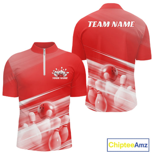 Front and back red men’s bowling quarter zip shirt mockup featuring bowling ball and pins blended into a pink geometric background.