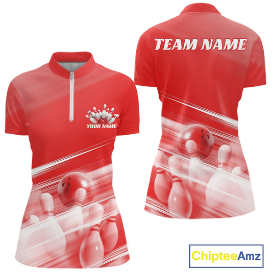 Front and back red women’s bowling quarter zip mockup featuring bowling ball and pins blended into a pink geometric pattern background.