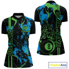 Load image into Gallery viewer, Front and back women’s Billiard quarter zip mockup with flaming billiard 8 ball artwork on a blue and green abstract background.