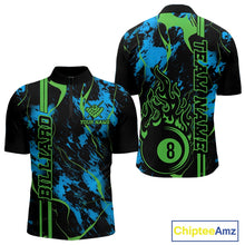 Load image into Gallery viewer, Front and back men’s Billiard quarter zip shirt mockup with flaming billiard 8 ball artwork on a blue and green abstract background.