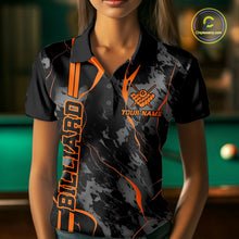 Load image into Gallery viewer, Female model front view wearing a polo shirt with flaming 8 ball motif across a blue and green abstract background.