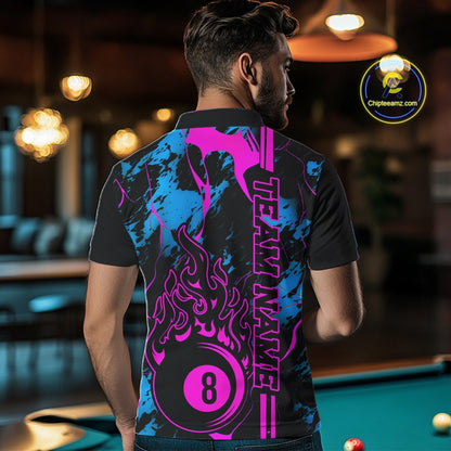 Male model back view wearing a Billiard polo shirt with flaming 8 ball motif on a blue and green abstract background.