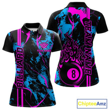 Load image into Gallery viewer, Front and back women’s polo shirt mockup with billiard 8 ball flame artwork over a blue and green abstract pattern.