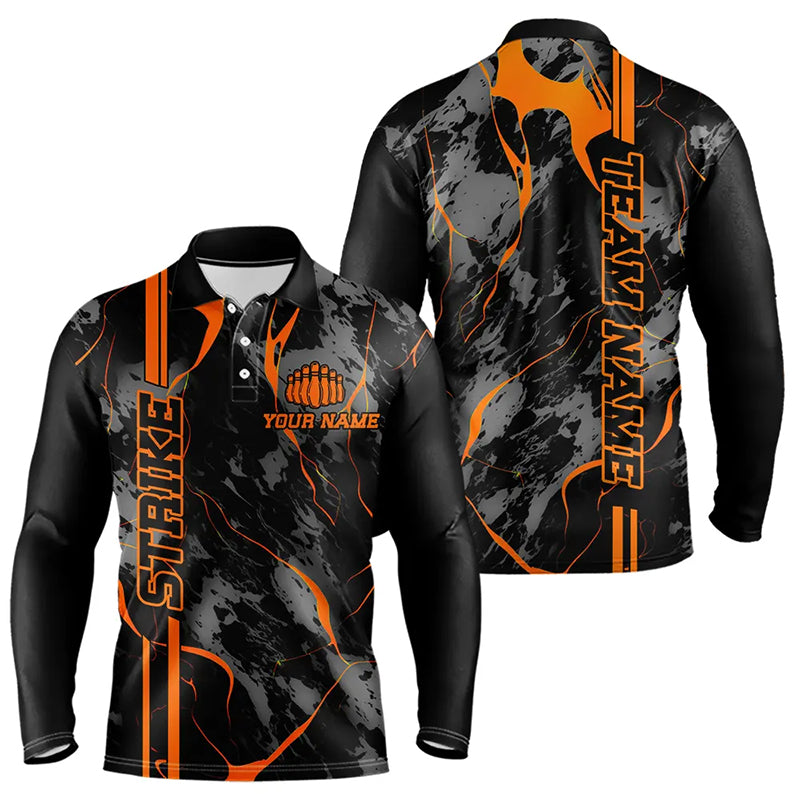 Custom Orange Strike Bowling Long Sleeve Polo Shirts For Men, Orange Camo Bowling Team Jerseys IPHW5385