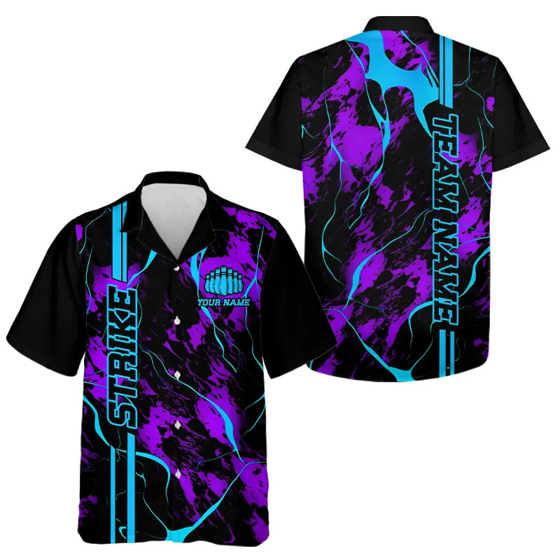 Custom Blue And Purple Strike Bowling Hawaiian Shirts For Kid, Camo Bowling Team Jerseys IPHW5386