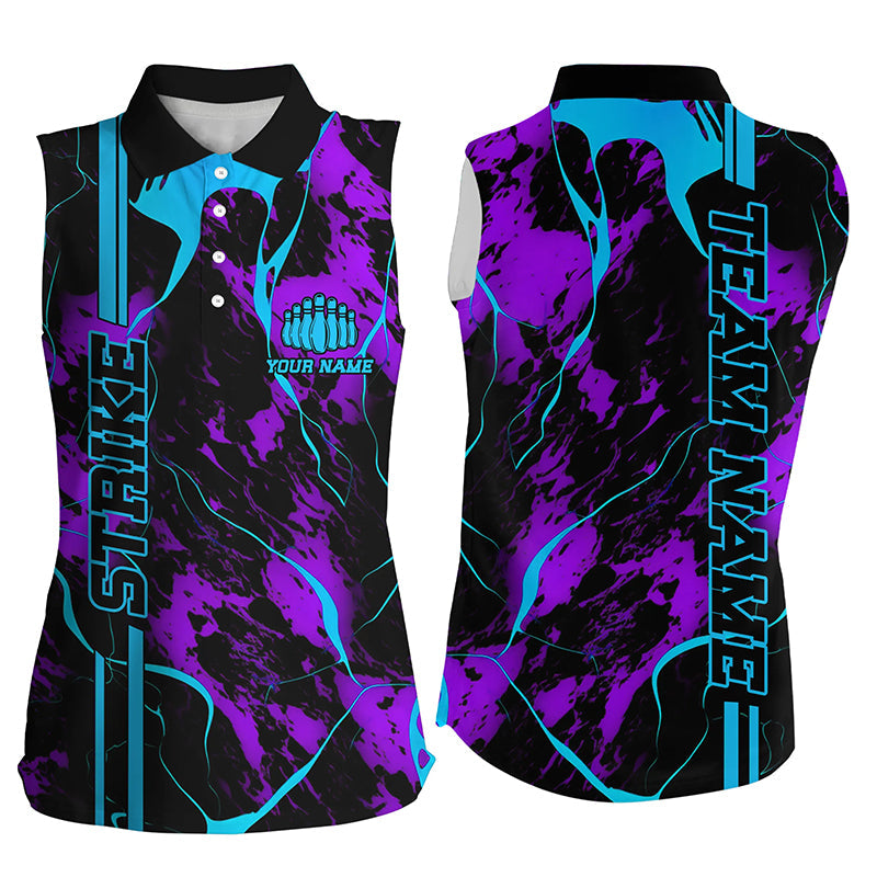 Custom Blue And Purple Camo Strike Bowling Shirts For Women, Bowling Team Uniform With Name IPHW5386