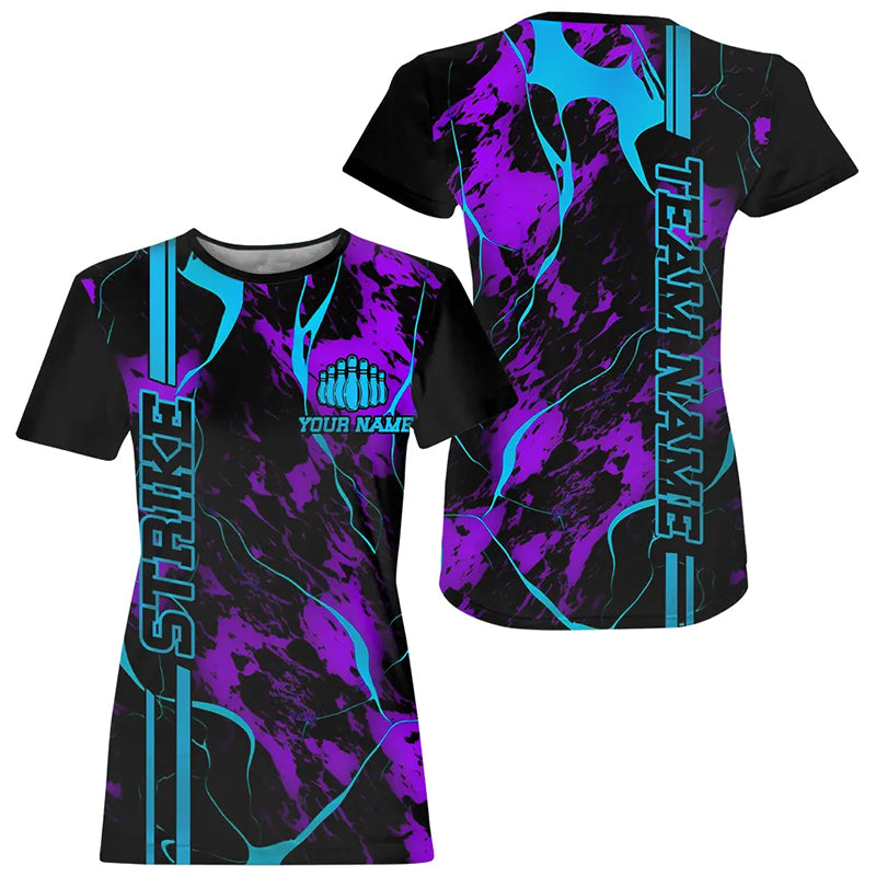 Custom Blue And Purple Strike Bowling T-Shirts For Women, Camo Bowling Team Jerseys IPHW5386