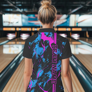 Custom Blue And Pink Strike Bowling Shirts Women Quarter Zip Camo Bowling Team Jerseys IPHW5387