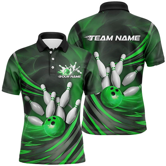Green Flame Custom Bowling Shirts For Men, Fire Bowling Team Uniform Tournament IPHW7681