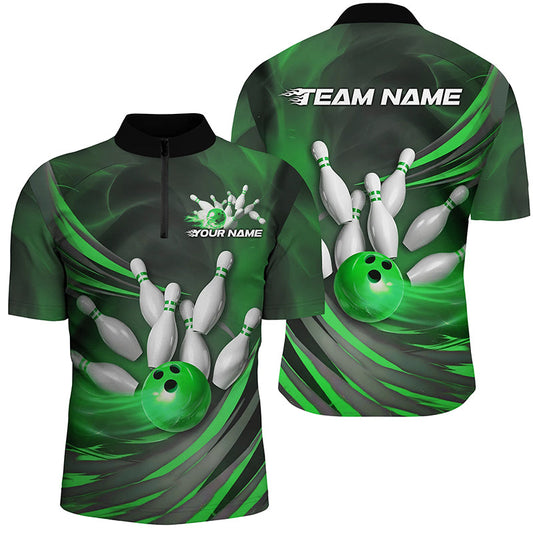 Green Flame Custom Bowling Shirts For Men, Fire Bowling Team Uniform Tournament IPHW7681