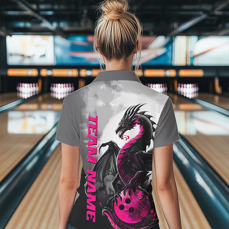 Black And Pink Custom Dragon Bowling Womens Quarter-Zip Shirts, Dragon Bowling Team Shirts IPHW8818