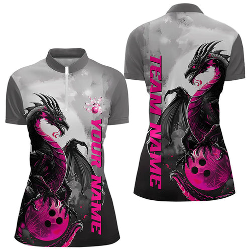 Black And Pink Custom Dragon Bowling Womens Quarter-Zip Shirts, Dragon Bowling Team Shirts IPHW8818