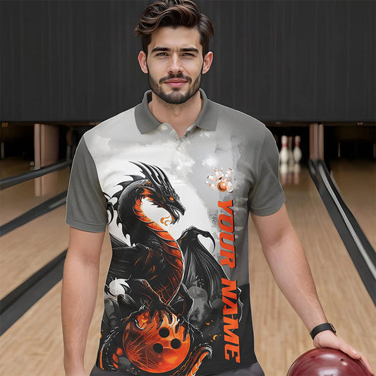 Black And Orange Custom Dragon Bowling Polo Shirts For Men, Dragon Bowling Team Shirts IPHW8819