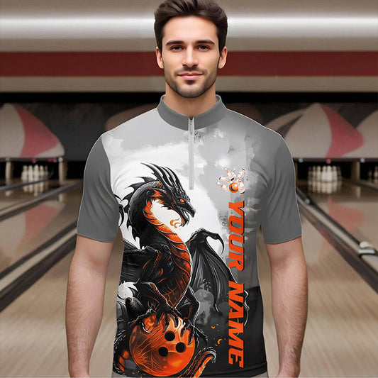 Black And Orange Custom Dragon Bowling Quarter-Zip Shirts For Men, Dragon Bowling Team Shirts IPHW8819
