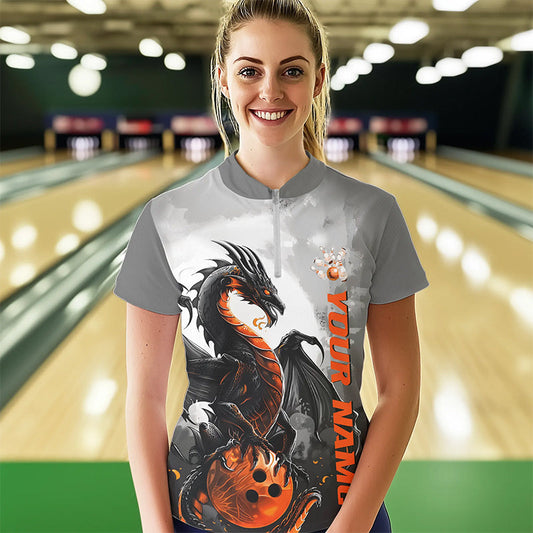 Black And Orange Custom Dragon Bowling Women Quarter-Zip Shirts, Dragon Bowling Team Shirts IPHW8819