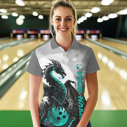 Black And Turquoise Blue Custom Dragon Bowling Polo Shirts For Women, Bowling Team Shirts IPHW8820