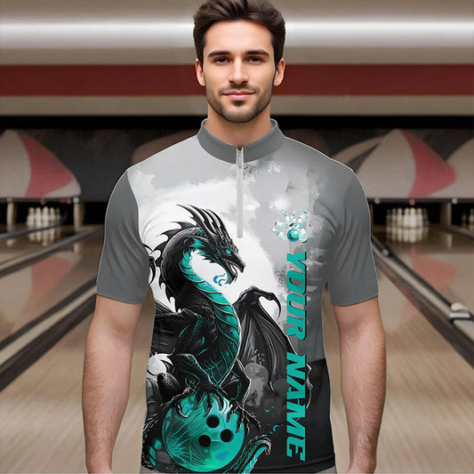 Black And Turquoise Blue Custom Dragon Bowling Quarter-Zip Shirts For Men, Bowling Team Shirts IPHW8820
