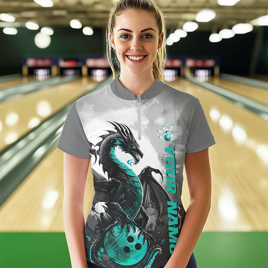 Black And Turquoise Blue Custom Dragon Bowling Women Quarter-Zip Shirts, Bowling Team Shirt IPHW8820