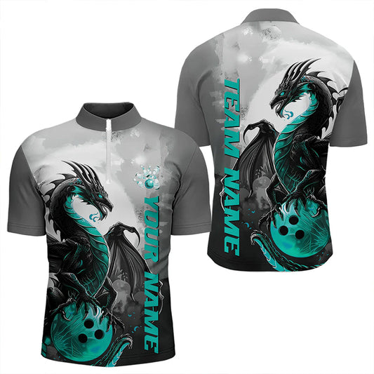 Black And Turquoise Blue Custom Dragon Bowling Quarter-Zip Shirts For Men, Bowling Team Shirts IPHW8820
